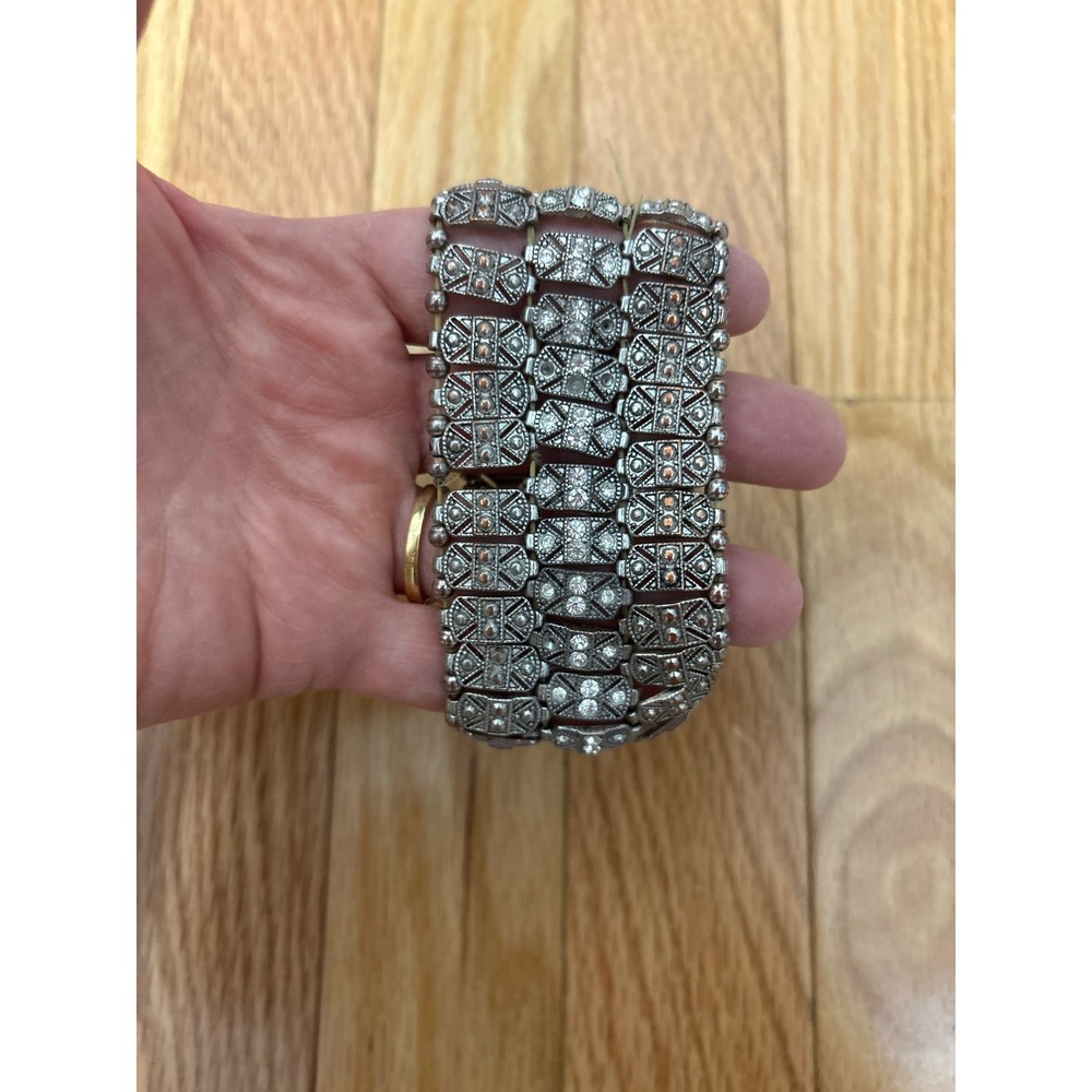 Vintage Style Silver Tone Rhinestone Multi Row Stretch Cuff Bracelet Art Deco - Picture 4 of 4